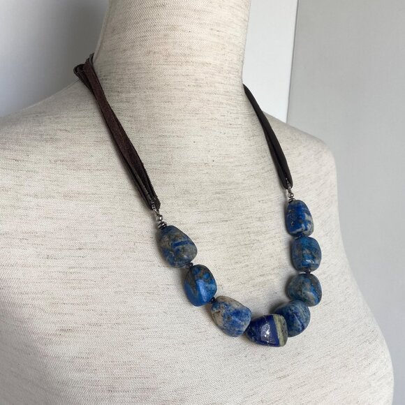 BARSE Sterling Silver 925 Lapis & Sodalite Beaded 4 Strand Leather Necklace 25" - Picture 1 of 16
